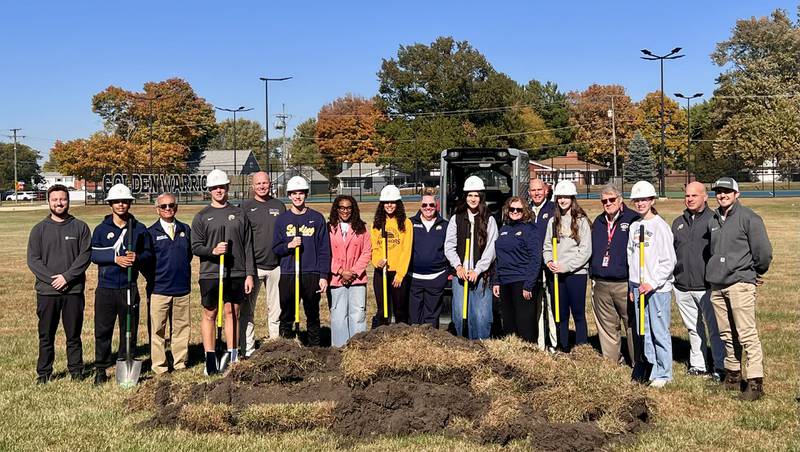 Sterling Public Schools students and staff join Byrne & Jones Construction representatives to break ground on the district’s new $11 million indoor student recreation and training center on Oct. 27, 2025.