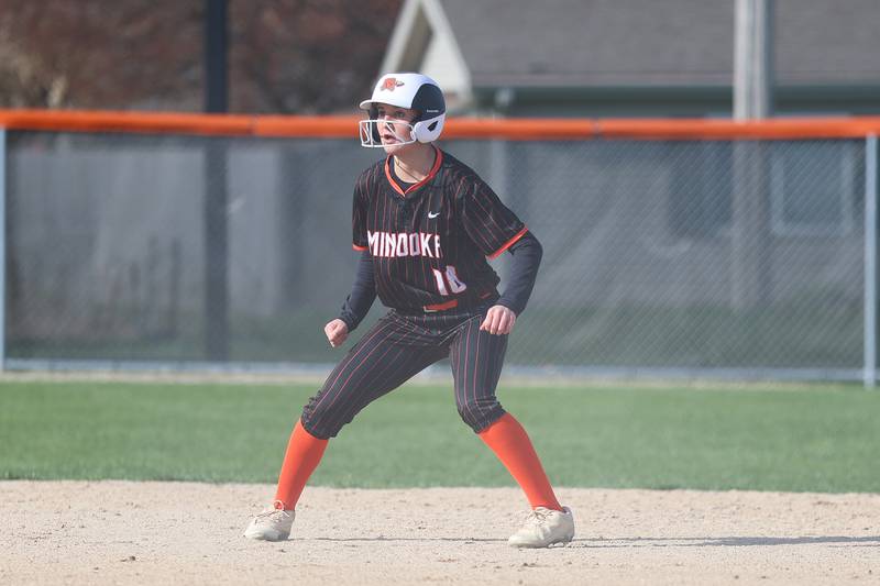 Minooka’s Oliva Boyd works the bases against Joliet Catholic on Tuesday, April 7, 2026 in Minooka.