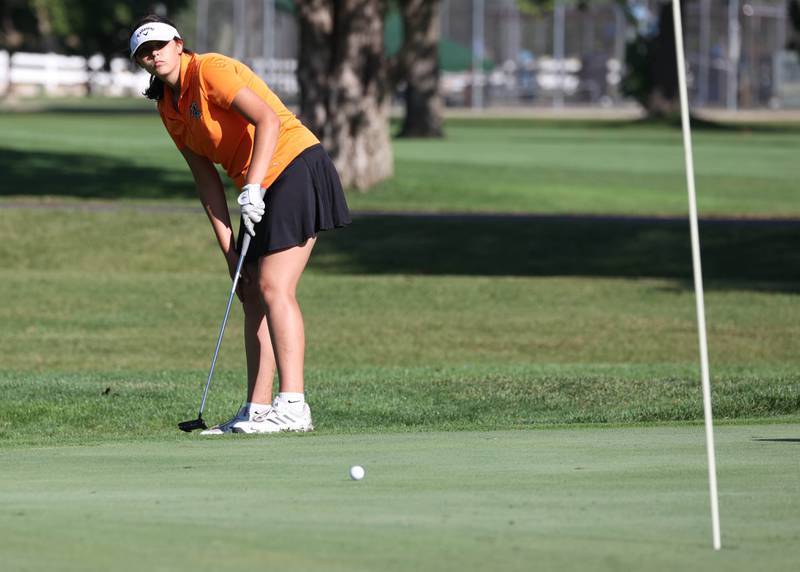 Kaneland’s Addison Braverman putts on the second green Tuesday, Sept. 23, 2025, during the Interstate 8 girls golf meet at the Sycamore Golf Club.