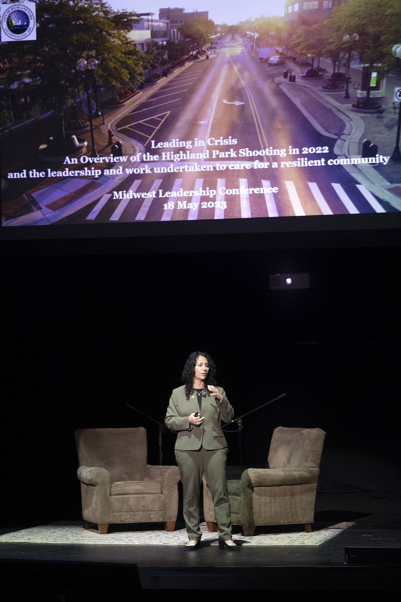 Ghida Neukrich, city manager of Highland Park, speaks about managing the shooting that took place in the city on July 4 of last year while attending the Midwest Summit of Leadership in Dixon on Thursday, May 18, 2023.