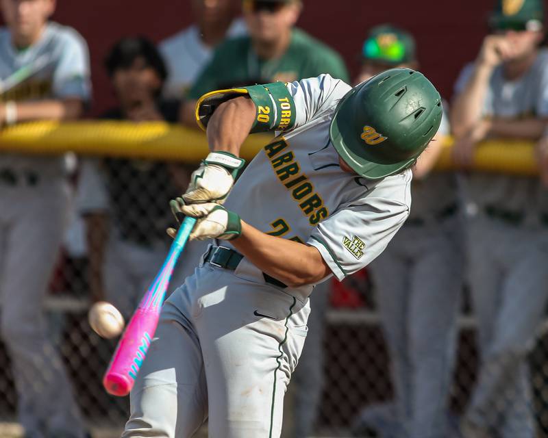 Waubonsie Valley's Shane Torres (25) connects on  pitch during Class 4A Sectional Final Championship game between Downers Grove North at Waubonsie Valley.  May 31, 2024