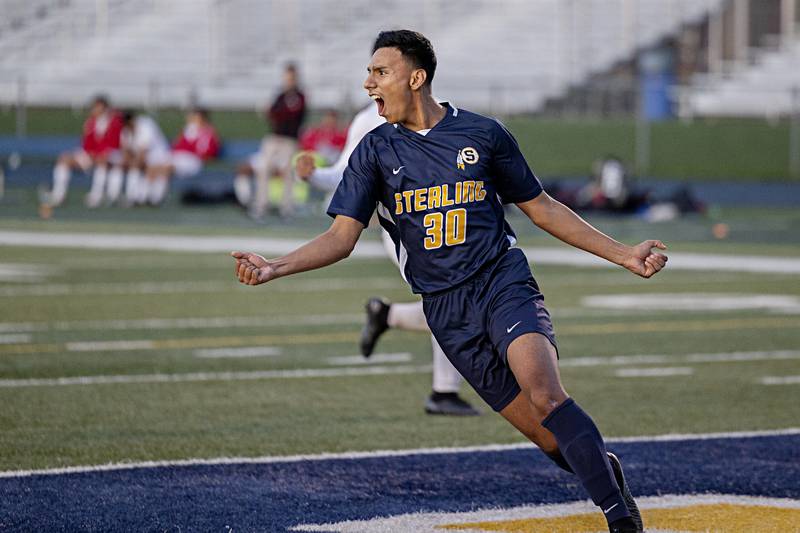 Sterling’s Felipe Sandoval celebrates his second goal against Lasalle-Peru Tuesday, Oct. 17, 2023 in a regional semifinal in Sterling.