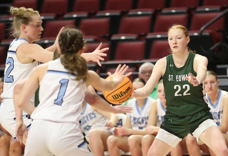 St. Edward's Layne Dawson has her pass broken up by Cissna Park's Lauryn Hamrick and teammate Julia Elelman during the Class 1A third place game on Friday, March 7, 2025 at CEFCU Arena in Normal.