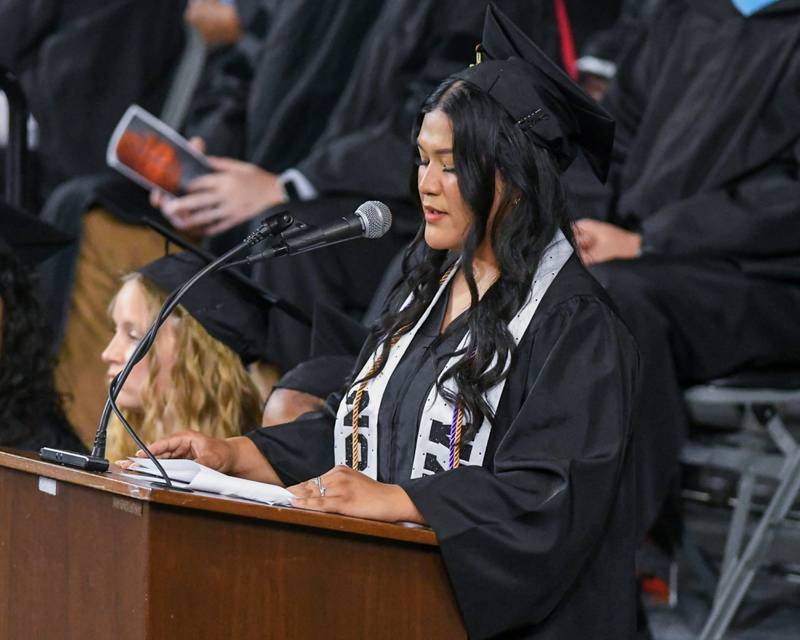 DeKalb High School senior Alex Jimenez gives a commencement address during the graduation ceremony on Saturday May 23, 2026, held at the Convocation Center in DeKalb.