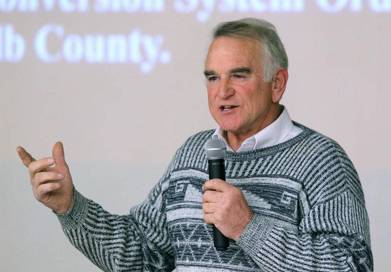 DeKalb County Board member Dan Cribben speaks Wednesday during the meeting in the auditorium at the DeKalb County Farm Bureau in Sycamore. The board was discussing whether to pass the final draft of the county wind ordinance during the meeting.