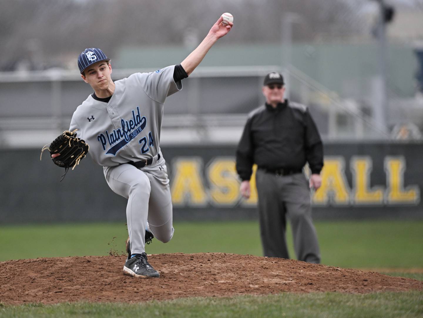 Plainfield South’s Tyler Lovell pitches in a baseball game in Elk Grove Village on Monday, March 25, 2024.