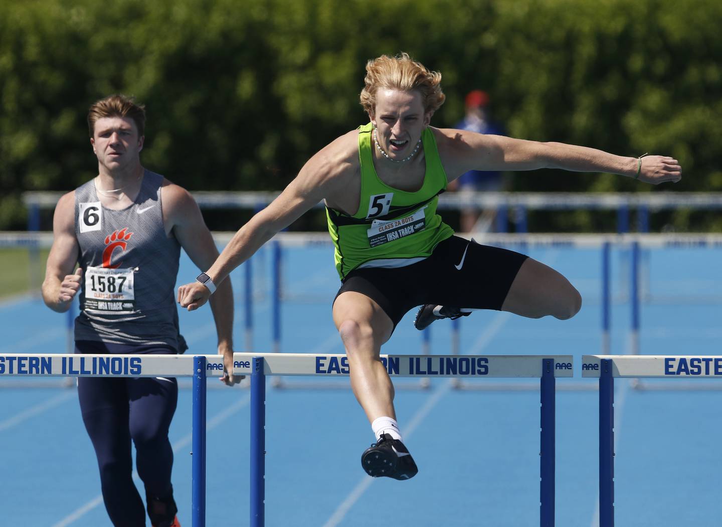 Rock Falls Matthew Marcum competes in the 300 meter hurdles during the IHSA Class 2A State Track and Field Championships Saturday, May 28, 2022, at Eastern Illinois University in Charleston.