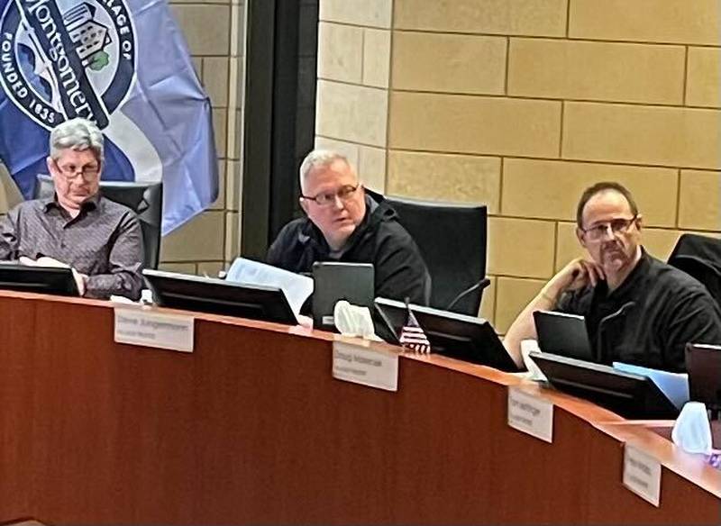 Montgomery Village Administrator Jeff Zoephel, from left, and board members Steve Jungermann and Doug Marecek during a Feb. 13, 2023 Village Board meeting at Village Hall.