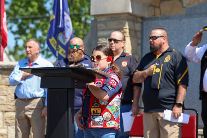 Madison Barrie, 8, of Bradley, leads the Pledge of Allegiance during the Bradley American Legion's Memorial Day ceremony on Monday, May 25, 2026.