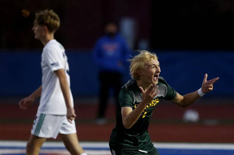 Crystal Lake South's Nick Prus celebrates his second half goal during the IHSA Class 2A state championship soccer match on against Peoria Notre Dame on Saturday, Nov. 4, 2023, at Hoffman Estates High School.