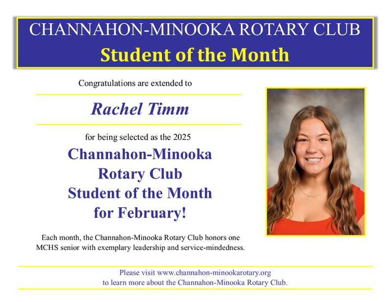 Channahon-Minooka Rotary Club Student of the Month Rachel Timm.