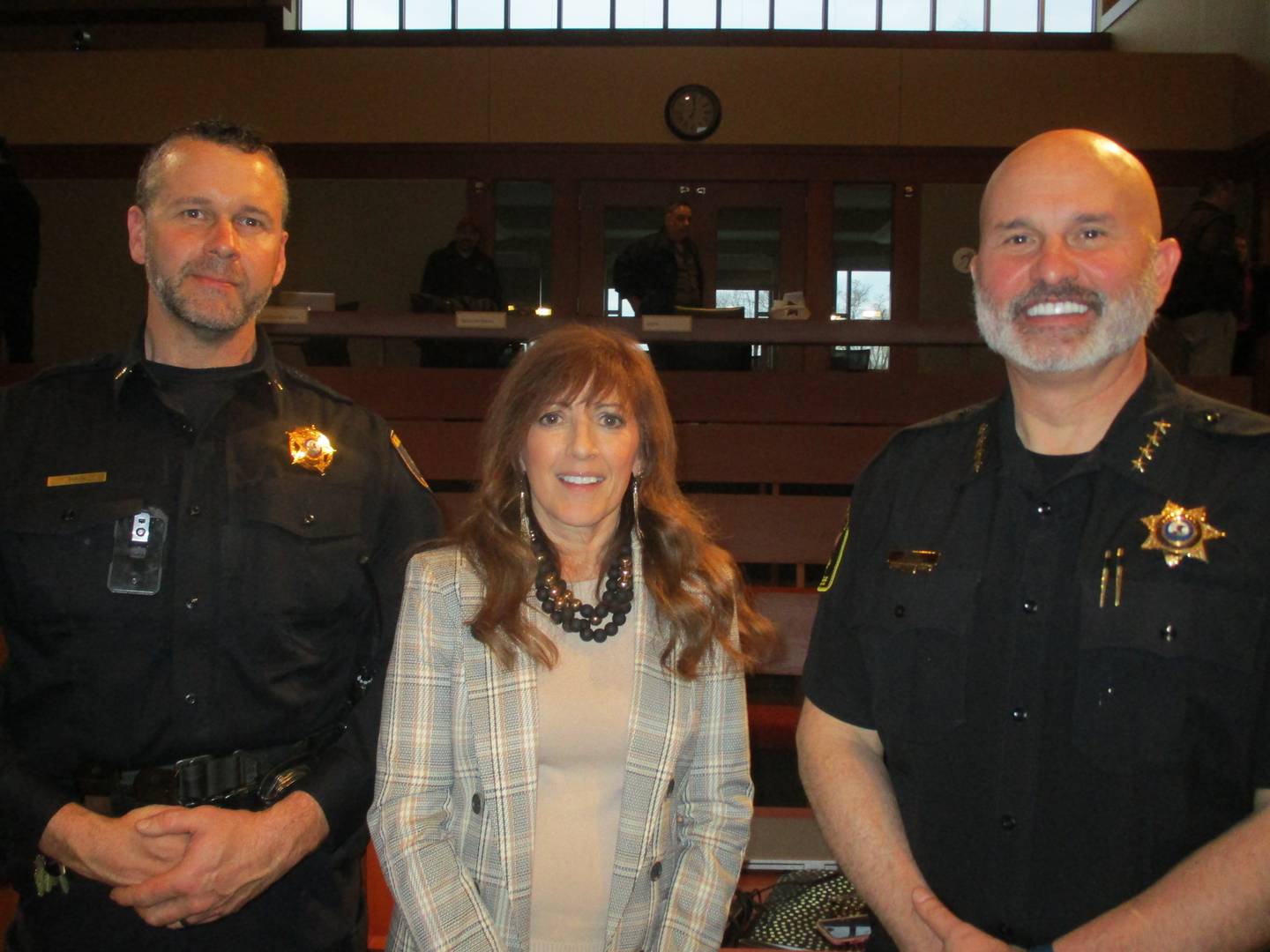 Kane County Sheriff Ron Hain, from left, State Sen. Linda Holmes, D-Aurora and Kendall County Sheriff Dwight Baird appeared at a public safety forum on April 28, 2022 at Montgomery Village Hall. (Mark Foster -- mfoster@shawmedia.com)