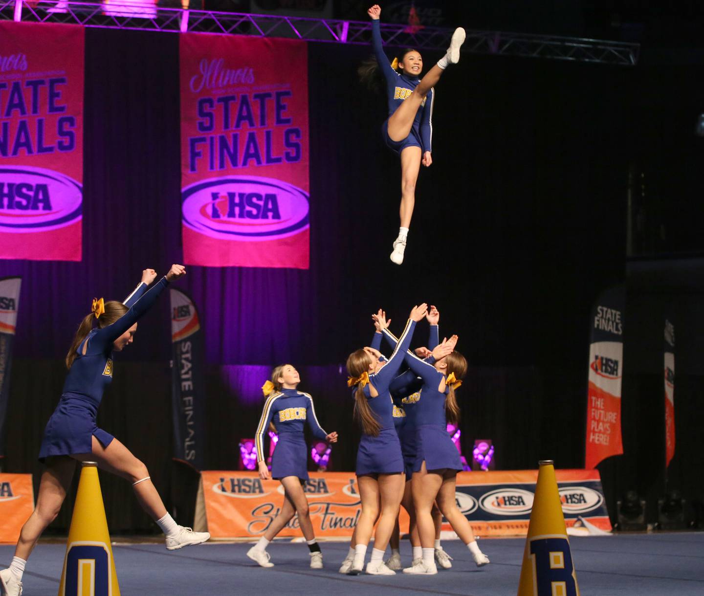 Members of the Somonauk cheer team perform during the IHSA Cheer State Finals in Grossinger Motors Arena on Saturday, Feb. 4, 2023 in Bloomington.