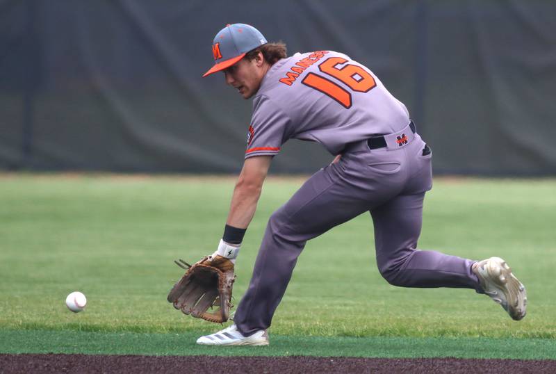 McHenry’s Kyle Maness snags a grounder against Barrington in IHSA Class 4A Sectional Title Game baseball action at McHenry High School in McHenry on Saturday, June 7, 2025.