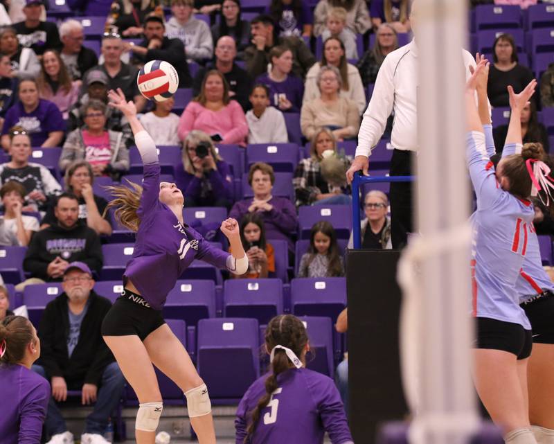 Rochelle's Georgia Schabacker spikes the ball during the match with Ottawa on Oct. 23, 2025.