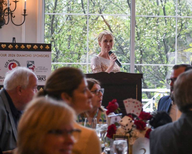 St. Charles Area Chamber of Commerce Executive Director Becky Greenlee greets community members at the Charlemagne Awards dinner on Friday May 1, 2026.