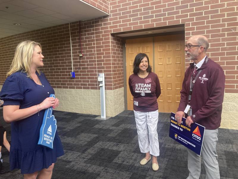 Dr. Robert McBride thanks Board of Education Vice President Ann Lopez-Caneva and CITGO Lemont Refinery Public Affairs Manager Jen Hannon after the surprise send-off on Friday, April 17, 2026.