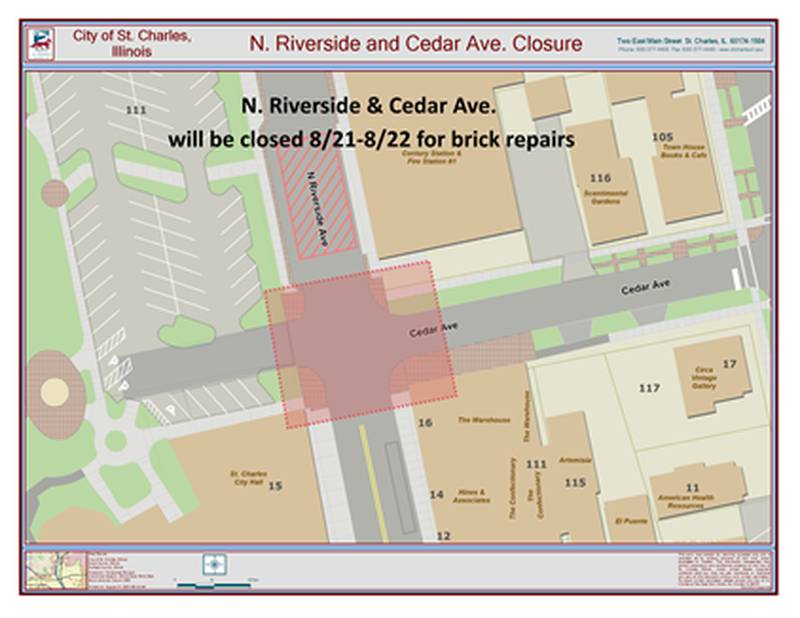 The city of St. Charles is repairing brick crosswalks on north Riverside Avenue, near Fire Station #1 Aug. 21-24, 2023.