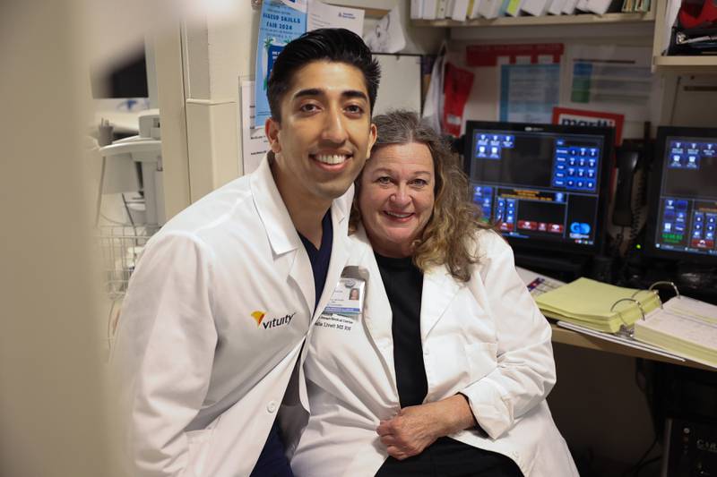 Dr. Adnan Hussain, emergency department doctor at Ascension Saint Joseph-Joliet, and Leslie Livett, registered nurse and EMS coordinator, pose for a photo on Monday, April 1, 2024 in Joliet.
