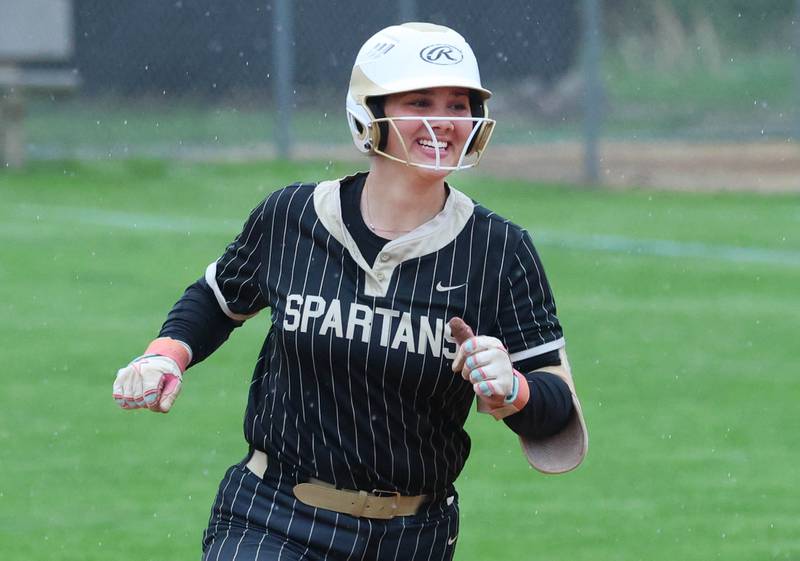 Sycamore's Kairi Lantz rounds second base after homering Thursday, April 30, 2026, during their game against LaSalle-Peru at Sycamore High School.