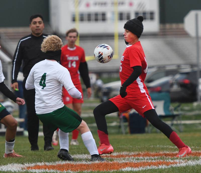 Oregon's David Eckardt plays the ball during 1A regional action in Byron against North Boone on Tuesday, Oct. 21, 2025.