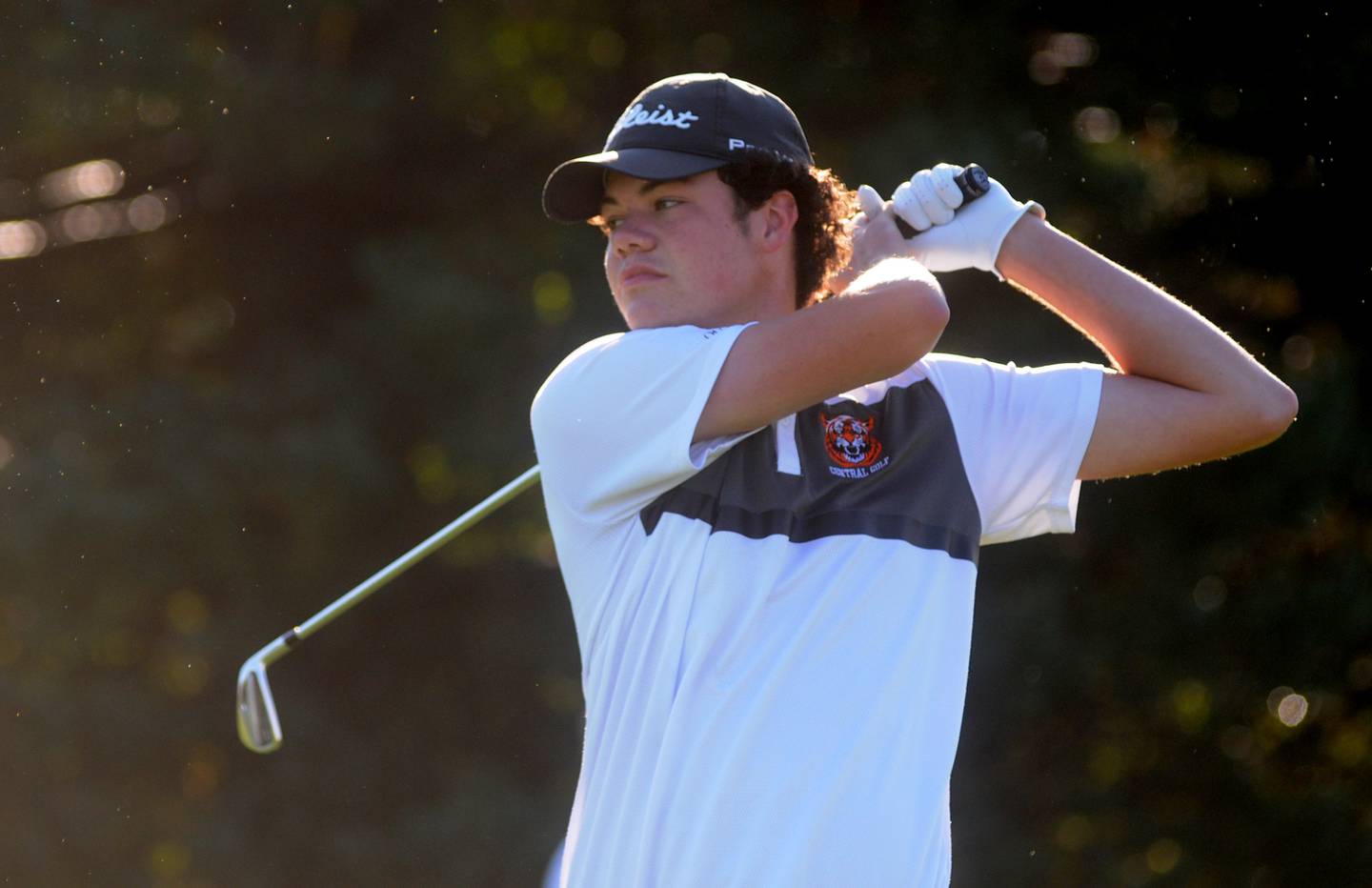 Crystal Lake Central’s Bayden Hubacher watches his tee shot on the first hole during the IHSA Class 2A Marengo Boys Golf Regional Wednesday morning, Sept. 29, 2021, at Marengo Ridge Golf Club in Marengo.