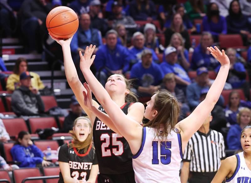 Benet’s Samantha Trimberger shoots over Geneva's Cassidy Arni during their Class 4A state semifinal game Friday, March 3, 2023, in CEFCU Arena at Illinois State University in Normal.