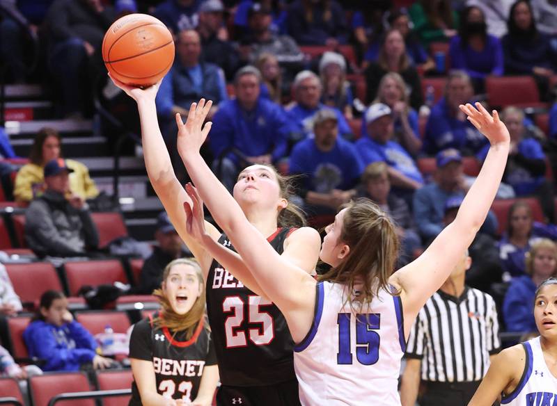 Benet’s Samantha Trimberger shoots over Geneva's Cassidy Arni during their Class 4A state semifinal game Friday, March 3, 2023, in CEFCU Arena at Illinois State University in Normal.