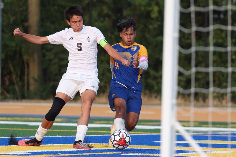 Joliet Central’s Ricardo Camacho takes a shot on goal against Joliet Catholic on Monday, Sept. 9, 2024 in Joliet.