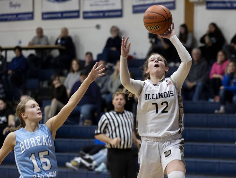 Newman’s Lucy Oetting puts up a shot against Bureau Valley Monday, Jan. 23, 2023.