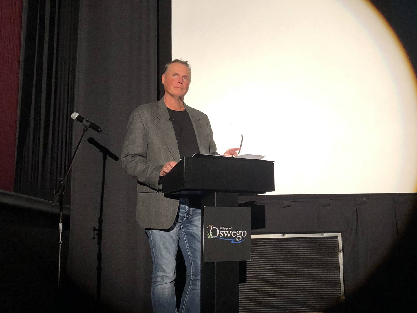 Village President Troy Parlier presenting the State of the Village at Kendall 11 Cinema, Thursday Feb. 24. (David Petesch - dpetesch@shawmedia.com)