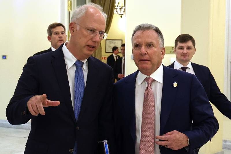 FILE - Russian President Vladimir Putin's envoy Kirill Dmitriev, left, and U.S. President Donald Trump's special envoy Steve Witkoff attend talks in St. Petersburg, Russia, on April 11, 2025. (Vyacheslav Prokofyev, Sputnik, Kremlin Pool Photo via AP, File)