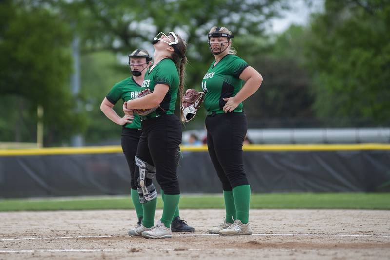 Rock Falls pitcher Katie Thatcher stands on the mound during a tough inning against the Oregon Hawks Friday, May 20, 2022.