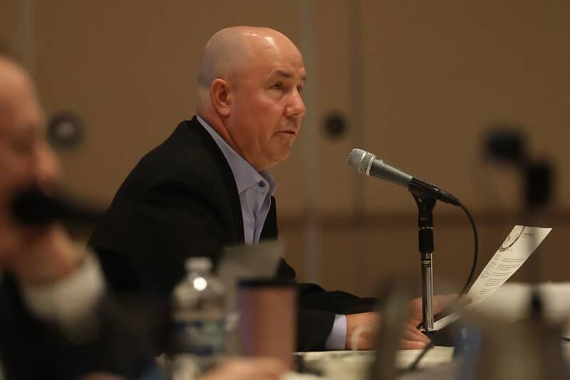 State Representative Lance Yednock (D-Ottowa) speaks to  Illinois Health Facilities and Services Review Board regarding the sale of St. Margaret’s hospital in Peru at the State Board Meeting on Thursday, July 27 in Bolingbrook.