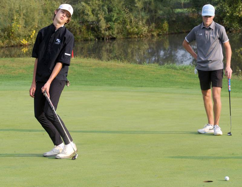 Plainfield North's Evan Czarnik reacts to a just missed put on the 4th green during the Southwest Prairie Conference boys golf meet at Blackberry Oaks Golf Course in Bristol on Wednesday, Sept. 20, 2023.