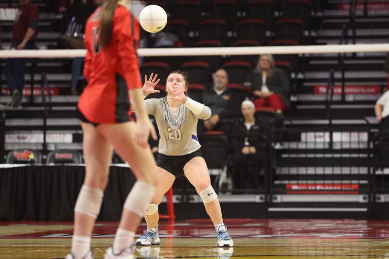 Newman’s Addison Foster receives the serve against Norris City-Omaha-Enfield in the Class 1A 3rd place match on Saturday in Normal.