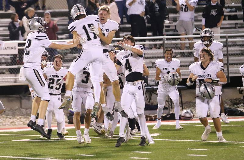 Kaneland kicker Noah McKittrick reacts with teammates after kicking the winning field goal against L-P on Friday, Oct. 17, 2025 at Howard Fellows Stadium.