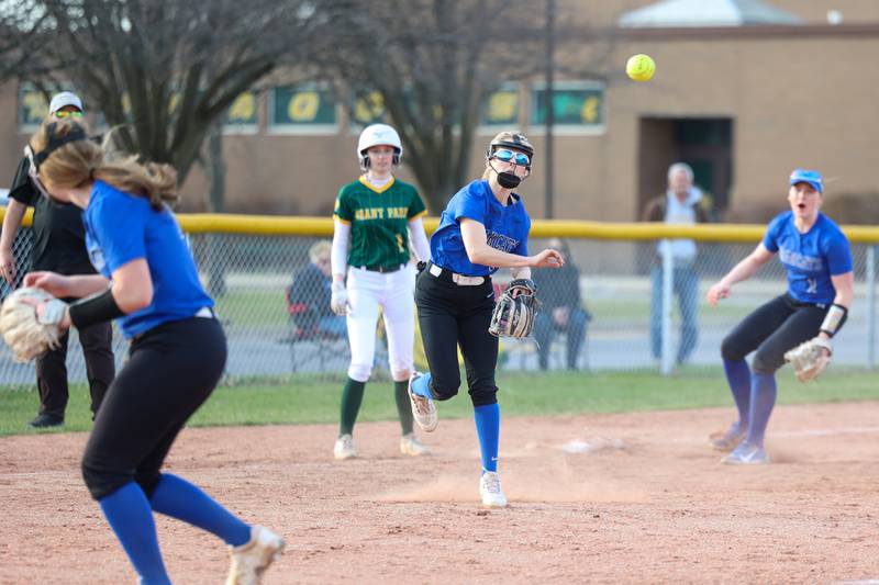 Milford/Cissna Park's Kami Muehling throws to first base during Grant Park's 12-2 victory in six innings on Wednesday, March 25, 2026.