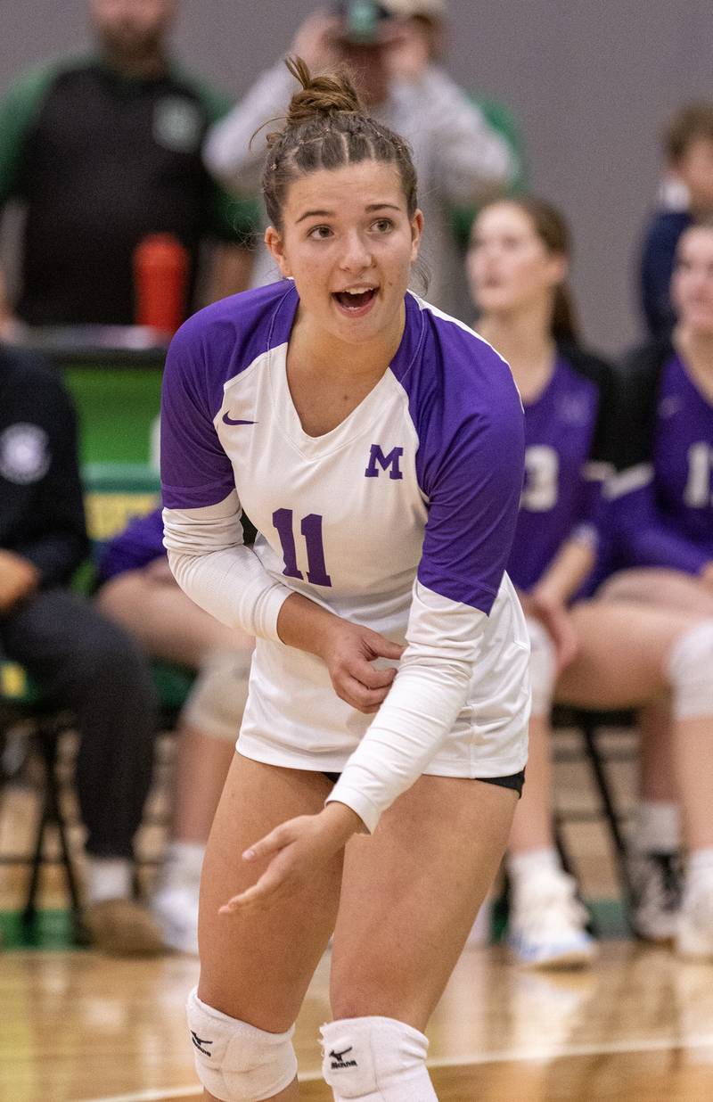 Manteno's Morgan Derrico pumps up her teammates in between play during Class 2A Regional final on Thursday, Oct. 30, 2025 at Seneca High School.