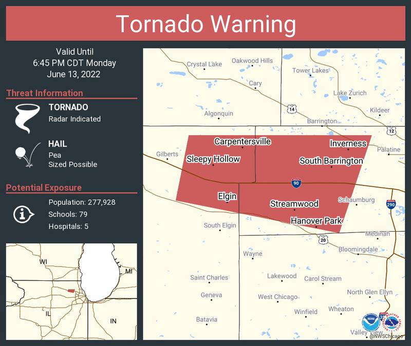 A tornado warning was issued for parts of Cook and Kane counties Monday, June 13, 2022. The alert is valid until 6:45 p.m.