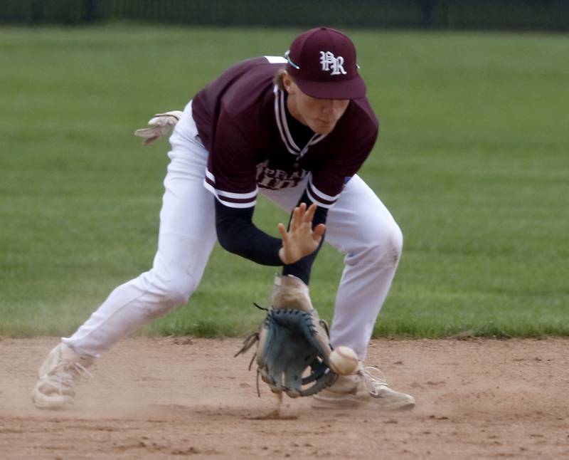 Prairie Ridge's Gabe Winkelman field the ball during a Fox Valley Conference baseball game against Huntley on Friday, May 1, 2026, at Prairie Ridge High School.