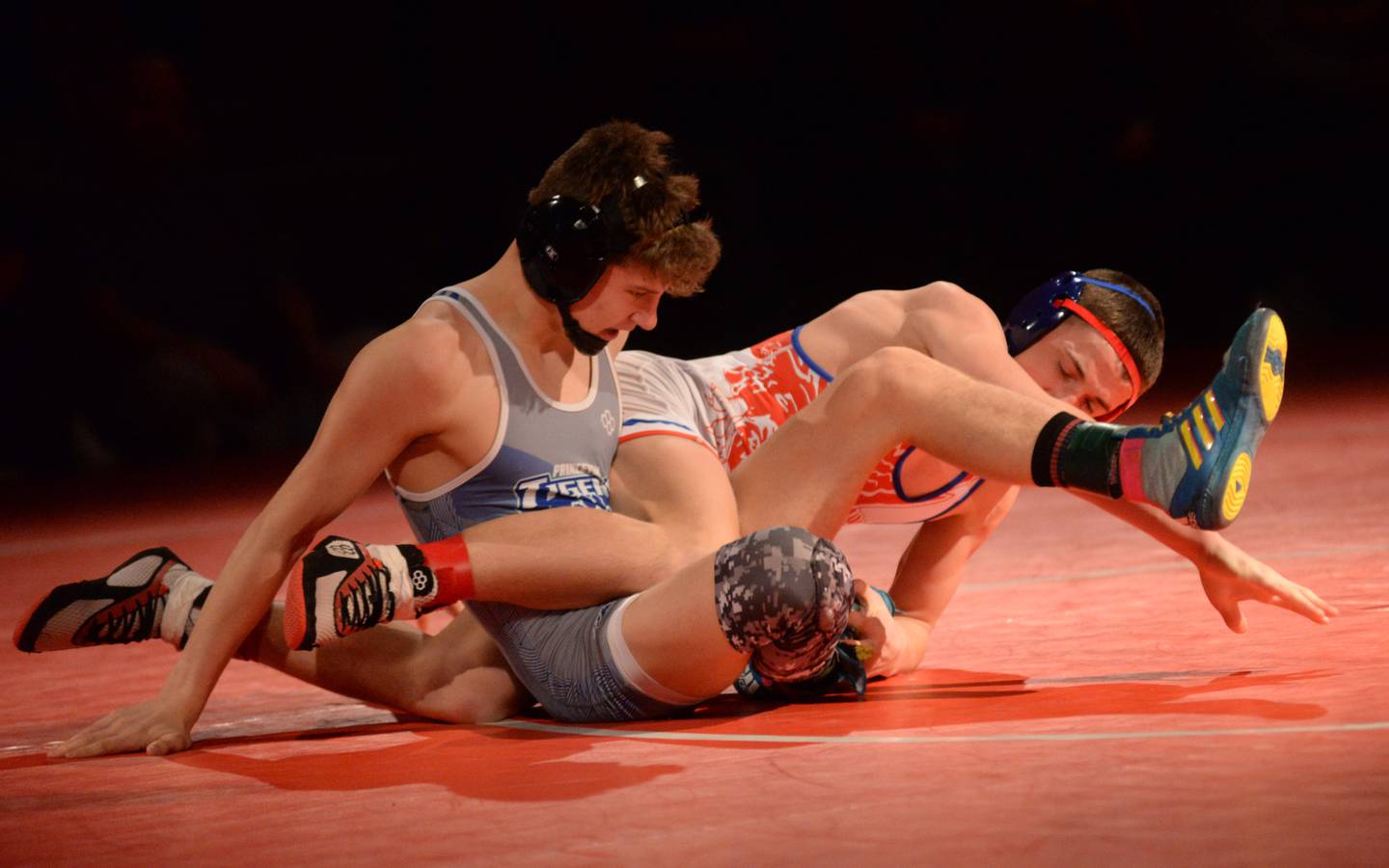 Oregon’s Nelson Benesh and Princeton’s Kane Dauber wrestle for third place at 132 pounds at the 1A Oregon Regional on Saturday, Feb. 15, 2025.