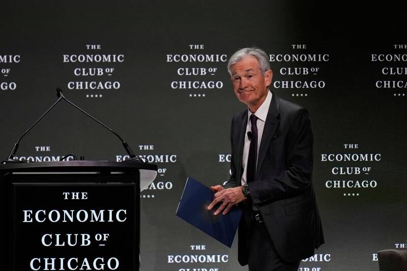 Chair of the Board of Governors of the Federal Reserve System Jerome Powell takes the stage to speak during an event hosted by the Economic Club of Chicago, Wednesday, April 16, 2025, in Chicago. (AP Photo/Erin Hooley)