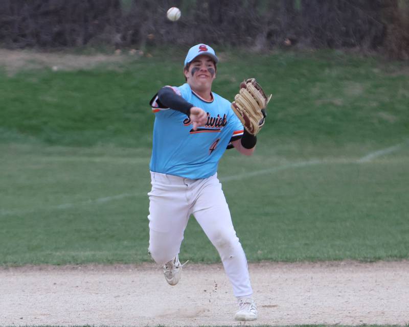 Sandwich's Can White throws to first for the out against Aurora Christian on Tuesday, April1, 2025 in Sandwich.