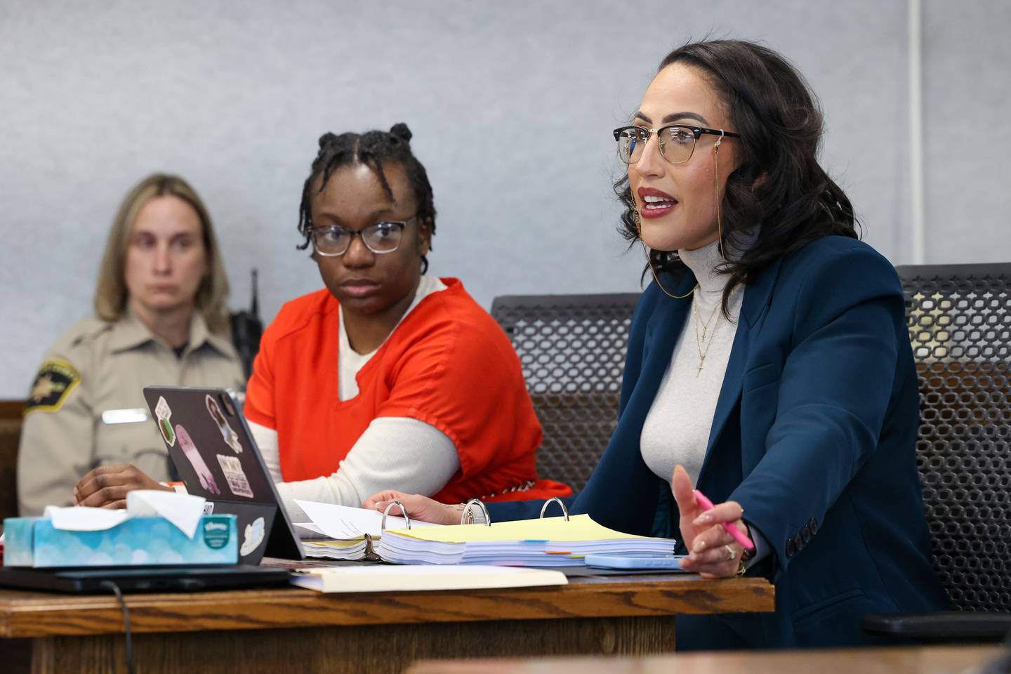 Defensive attorney Cierra Norris, right, addresses Judge Kathy Bradshaw-Elliott  during court proceedings ahead of the trial for Xandria Harris, left, on Friday, Feb. 13, 2026.