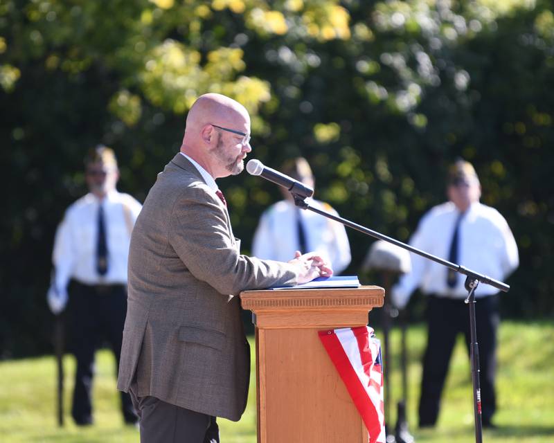 Illinois State Rep. Jeff Keicher, R-Sycamore, speaks during a dedication ceremony marking the completion of phase one of the DeKalb Elks Veteran’s Memorial Plaza in DeKalb Saturday, Oct. 1, 2022.
