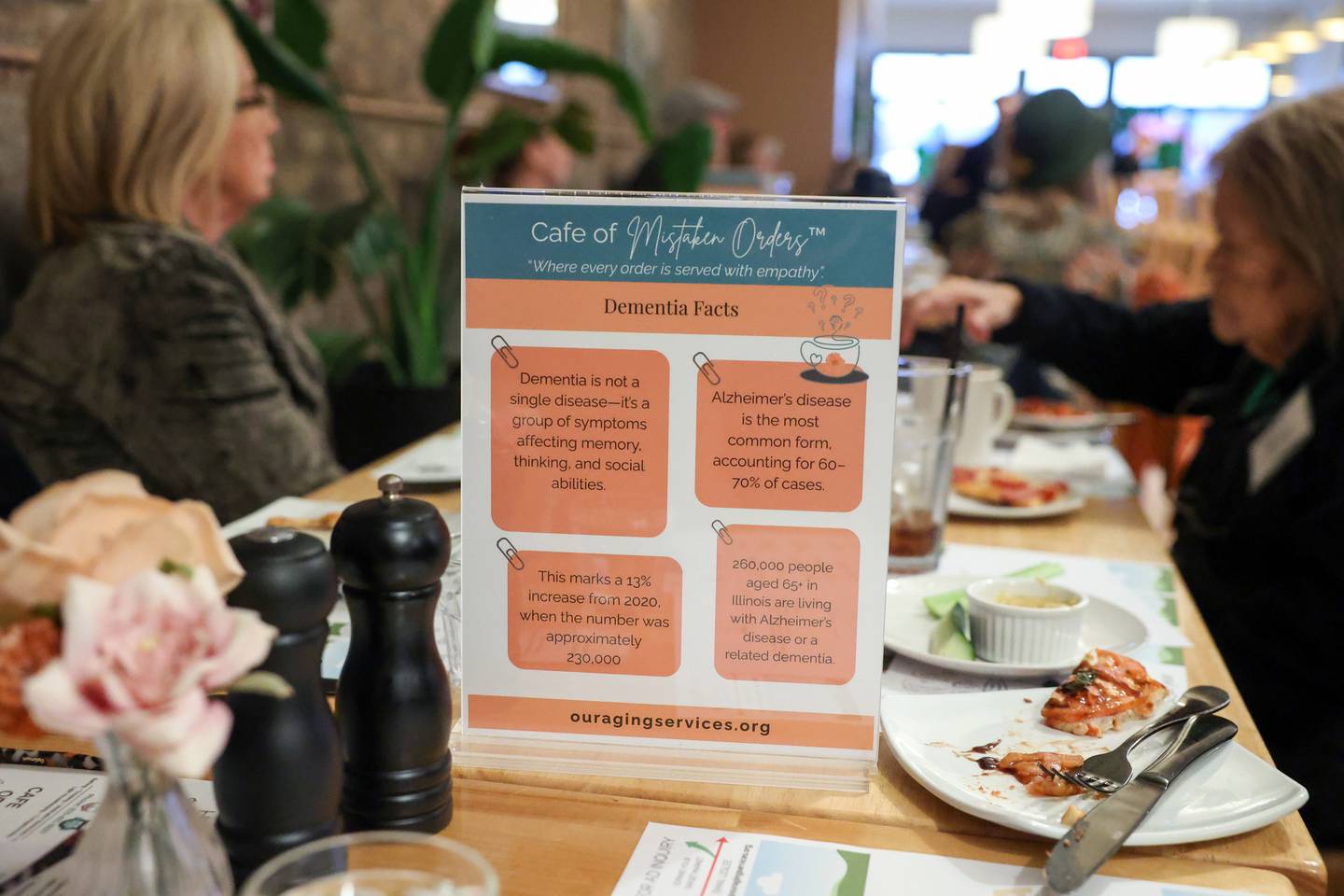 A sign sharing facts about dementia adorn every table during a Mistaken Orders program event called Sip Happens, hosted by nonprofit Our Aging Services and MCA Senior Adult Day Center at Stefari West Avenue on Nov. 18, 2025.