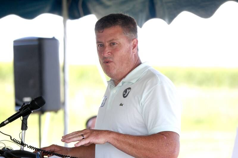 Matt Kellogg, chairman of the Kendall County Board, gives remarks during a groundbreaking ceremony for the East Branch of the Fox Valley Family YMCA on Tuesday, Aug. 27, 2024 in Bristol.