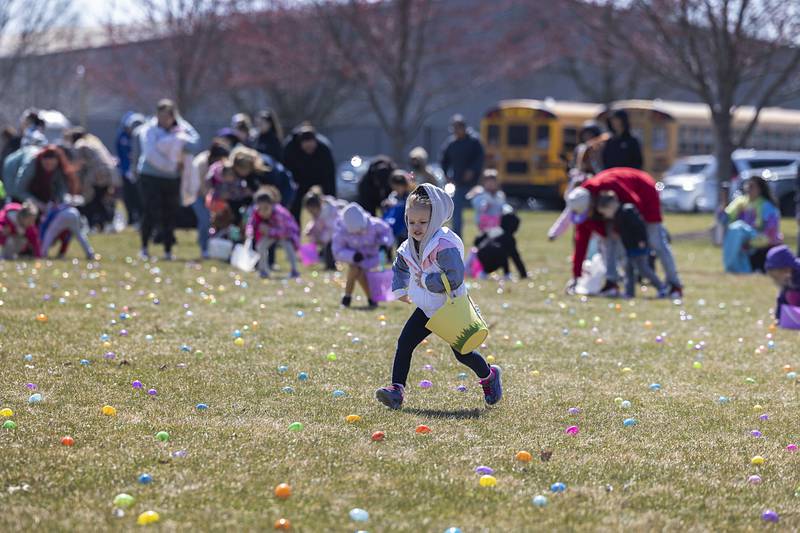 A dash of kids fire off the starting line Saturday, March 23, 2024 during the Sterling Park District Easter egg hunt at Westwood. 12,000 eggs were spread out while four age groups gathered the candy and surprise filled eggs.