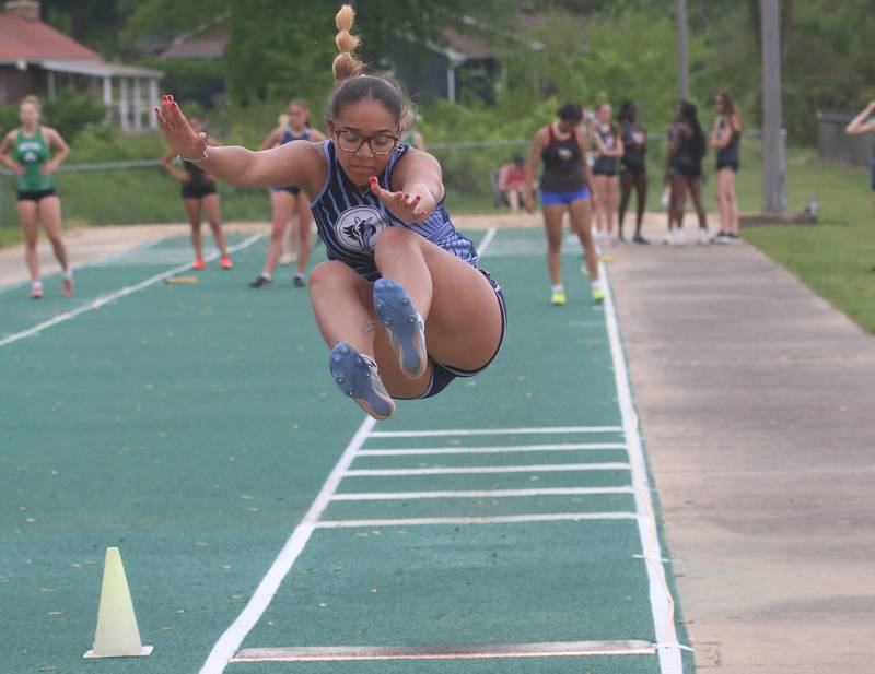 Crete's Camryn Hall competes in the long jump during the Class 1A Sectional track meet on Thursday, May 15, 2025 at Seneca High School.